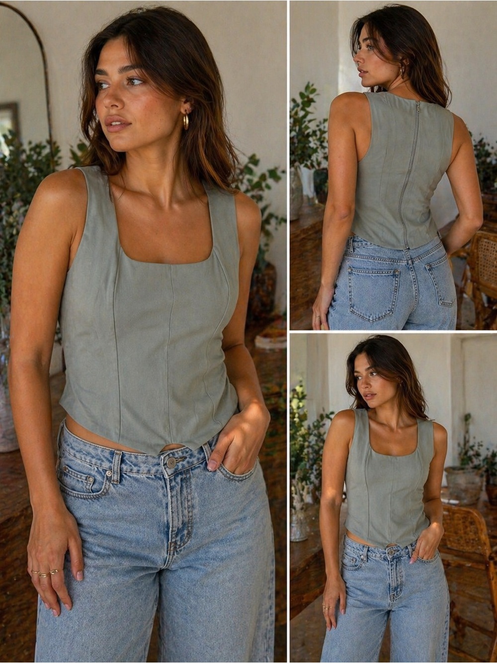 Forever 21 Olive Green Square-Neck Sleeveless Corset Tank